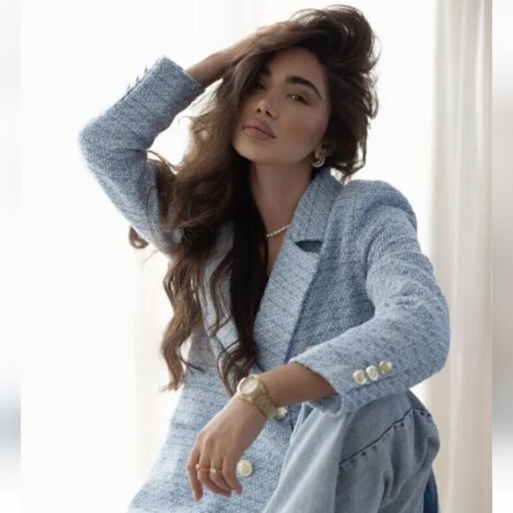 ZARA BLOGGERS FAV NEW DOUBLE BREASTED TEXTURED tweed blazer SKY BLUE 755… - Picture 3 of 7